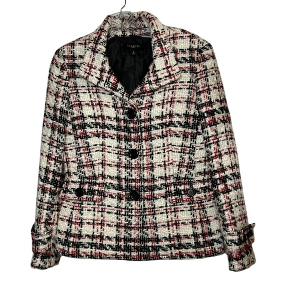 Talbots Tweed Wool Blend Blazer Jacket 8P Petite White Red Black Career Office